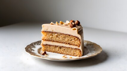 Slice of almond cake with creamy frosting on an elegant vintage plate
