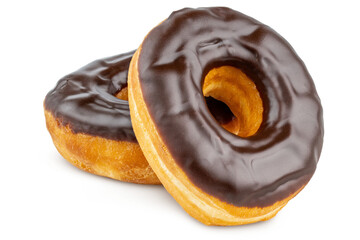 Donut or Doughnut. Two Donuts or Doughnuts with chocolate brown glazed cream or icing without sprinkles. Dessert on birthday, holiday party. Advertising coffee shop, bakery, cafe. American style Donut