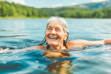 Fototapeta premium Active senior woman swimming in lake outdoors in nature, laughing