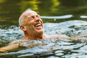 Active senior man swimming in lake outdoors in nature, laughing