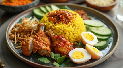 Fototapeta premium Authentic Indonesian dish of nasi kuning Manado with fragrant turmeric rice, succulent spiced chicken, boiled eggs, sambal, and garnished with crispy fried shallots and fresh cucumber slices