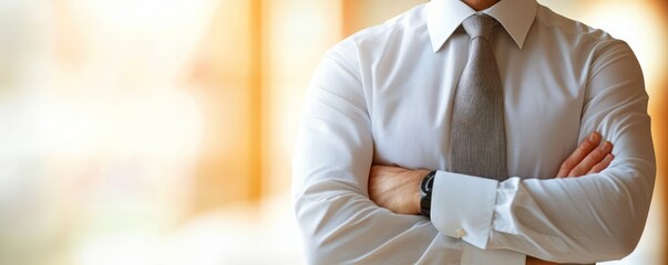 Obraz premium Man in a white dress shirt with arms crossed