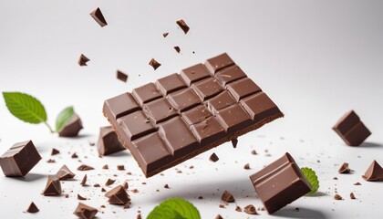 Close-up of a chocolate bar with a fresh mint leaf on top