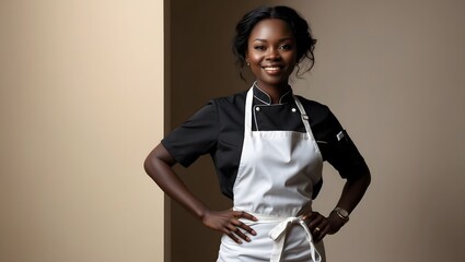 Confident young black female chef in black uniform and white apron, standing with hands on hips in a professional kitchen setting