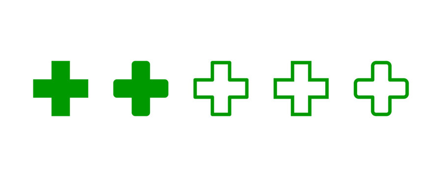Set Of Simple Health Icons. Green Plus Sign Cross Symbol Isolated On White Background. Flat Vector Icon Design Template Element.