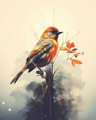 Fototapeta premium Realistic Illustration of a Bird Perched on a Branch (2)