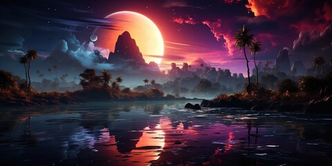 Sci-Fi Landscape with Planetary Bodies and Mountains