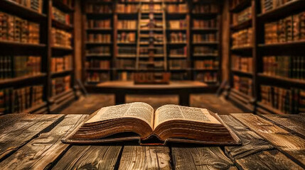 Obraz premium An open book on a table with a library background, symbolizing the concept of 'back to school' and the return to learning in an academic environment.