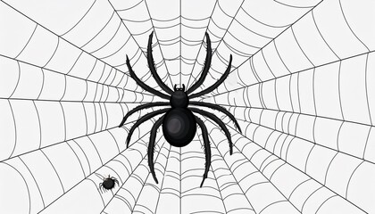 Obraz premium Black spider and torn web. Scary spiderweb of Halloween symbol. Isolated on white illustration