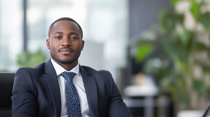Fototapeta premium Middle aged black professional sitting confidently in office