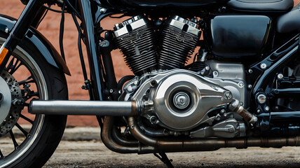  a motorcycle's engine and exhaust pipes, highlighting the intricate mechanical details and the rugged, hd image 