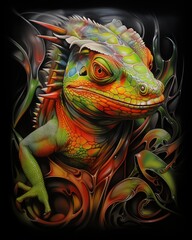 Fototapeta premium Airbrush Art of a Colorful Chameleon with Tribal Elements