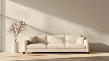 Minimalist Living Room with White Sofa and Dried Plant