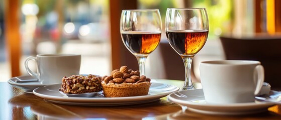 Obraz premium Two Glasses of Wine, Coffee, and Almond-Topped Cakes on a Wooden Table
