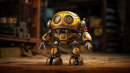 Fototapeta premium Cute Steampunk Robot with Yellow Metal Body in Workshop