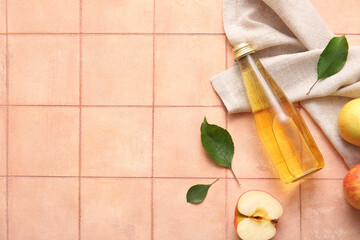 Composition with fruits, napkin and bottle of fresh apple cider on pink tile background