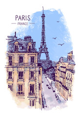 Fototapeta premium Architecture sketch illustration. An urban colorful landscape of the Eiffel Tower, blue sky, houses, Paris, France. Freehand digital drawing. Hand drawn travel postcard. Banner, poster design. Vector