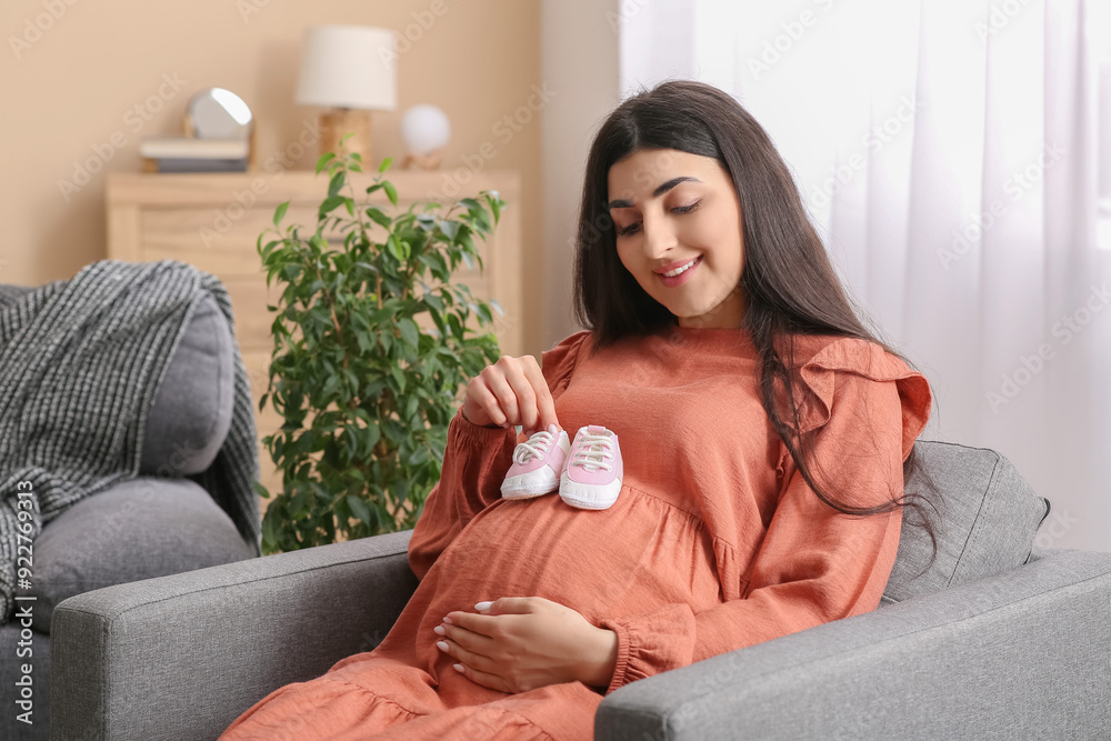 Poster pregnant woman in beautiful dress with booties at home