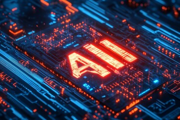 Futuristic AI logo on digital circuit board with blue and red glowing lights