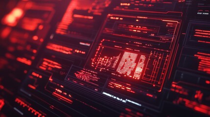 Obraz premium Sleek red digital screen with futuristic HUD elements and data streams