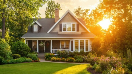 A house with a front porch and lawn in the sun, AI