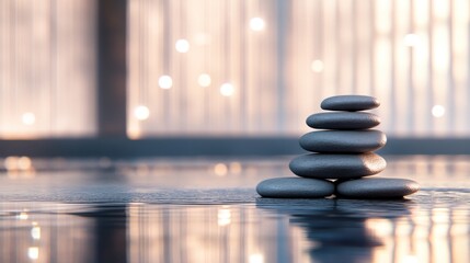 Stacked Stones Against Blurred Window With Light Reflections