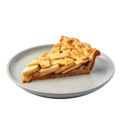 A Slice of Apple Pie with Caramel Drizzle on a White Plate