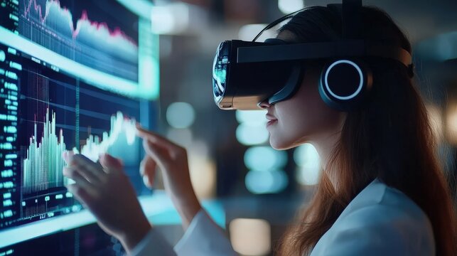 Virtual reality headset user interacting with a virtual cryptocurrency trading platform.