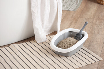 Cat litter box with scoop near bathtub in room