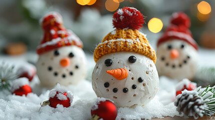 Three snowmen with hats and carrots on a table. The snowmen are wearing hats and are surrounded by snow