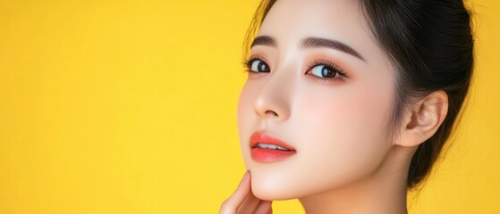 Fototapeta premium Close-up Portrait of a Young Woman with Smooth Skin and Red Lipstick
