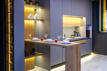 A beautiful kitchen detail with cabinets, modern kitchen countertop  
