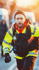 Obraz premium A person in safety gear rushes through a city as the sun sets, indicating urgency in emergency response