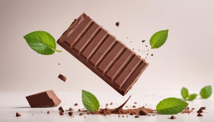 Close-up of a chocolate bar with a fresh mint leaf on top