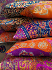 Colorful decorative cushions with vibrant patterns stacked room