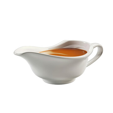 White ceramic gravy boat filled with brown sauce