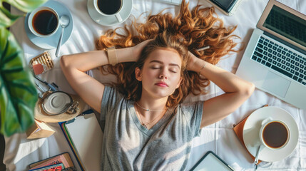 A young woman enjoys a moment of relaxation on her bed, surrounded by books and coffee cups
