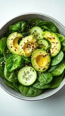 A healthy and delicious salad with spinach, avocado, and roasted seeds, set against a white background.
