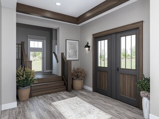 a modern farmhouse style foyer with gray LVP flooring. The walls are also painted gray. --chaos 20 --ar 4:3 --style raw --v 6.1 Job ID: dbb37aa9-231b-47d7-9874-6c61df8eab8d