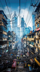 Fototapeta premium A bustling street filled with tangled wires and buildings beneath a backdrop of modern skyscrapers and clouds