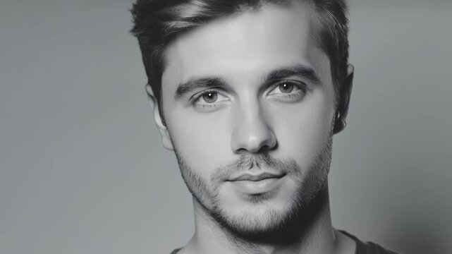 Black and white portrait of a handsome young man with short hair and a beard