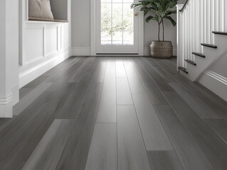 a modern farmhouse style foyer with gray LVP flooring. The walls are also painted gray. --chaos 20 --ar 4:3 --style raw --v 6.1 Job ID: dbb37aa9-231b-47d7-9874-6c61df8eab8d