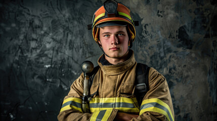 A confident young firefighter stands with crossed arms, wearing protective gear and a helmet