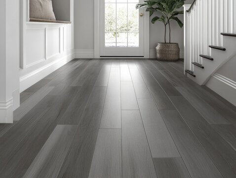 a modern farmhouse style foyer with gray LVP flooring. The walls are also painted gray. --chaos 20 --ar 4:3 --style raw --v 6.1 Job ID: dbb37aa9-231b-47d7-9874-6c61df8eab8d