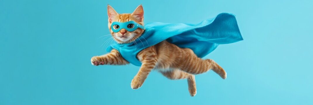 Feline Heroics: A Playful Orange Tabby Cat in a Blue Cape and Mask, Soaring on a Light Blue Background, Embracing the Superhero Concept.