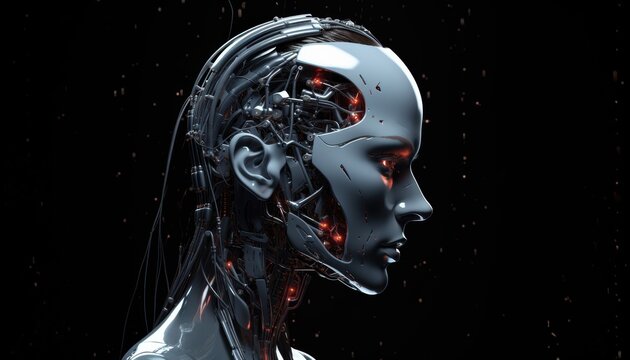 Female robot face on black background, Artificial intelligence concept