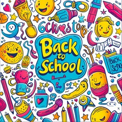 Fototapeta premium Back to school colorful text on background with doodle pattern
