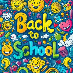 Back to school colorful text on background with doodle pattern