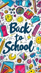 Back to school colorful text on background with doodle pattern