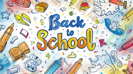 Back to school colorful text on background with doodle pattern